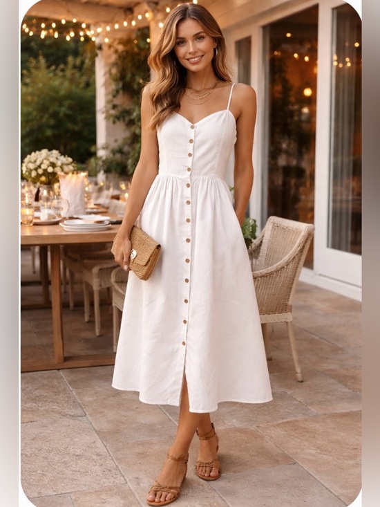 H&M Dresses & Skirts - H&M white linen blend button front dress with back smocking for easy fit